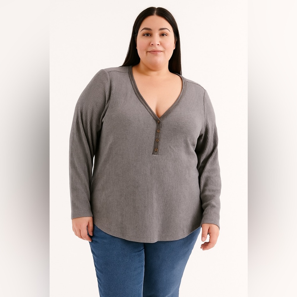 New Old Navy Womens‎ Gray Ribbed Long Sleeve Henley V Neck Button Top NWOT